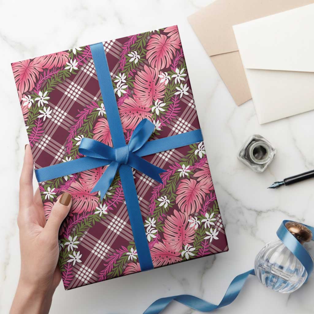 Polynesian Monstera Tiare Floral Wrapping Paper Fuchsia Tropical Plaid LT01 - Polynesian Pride