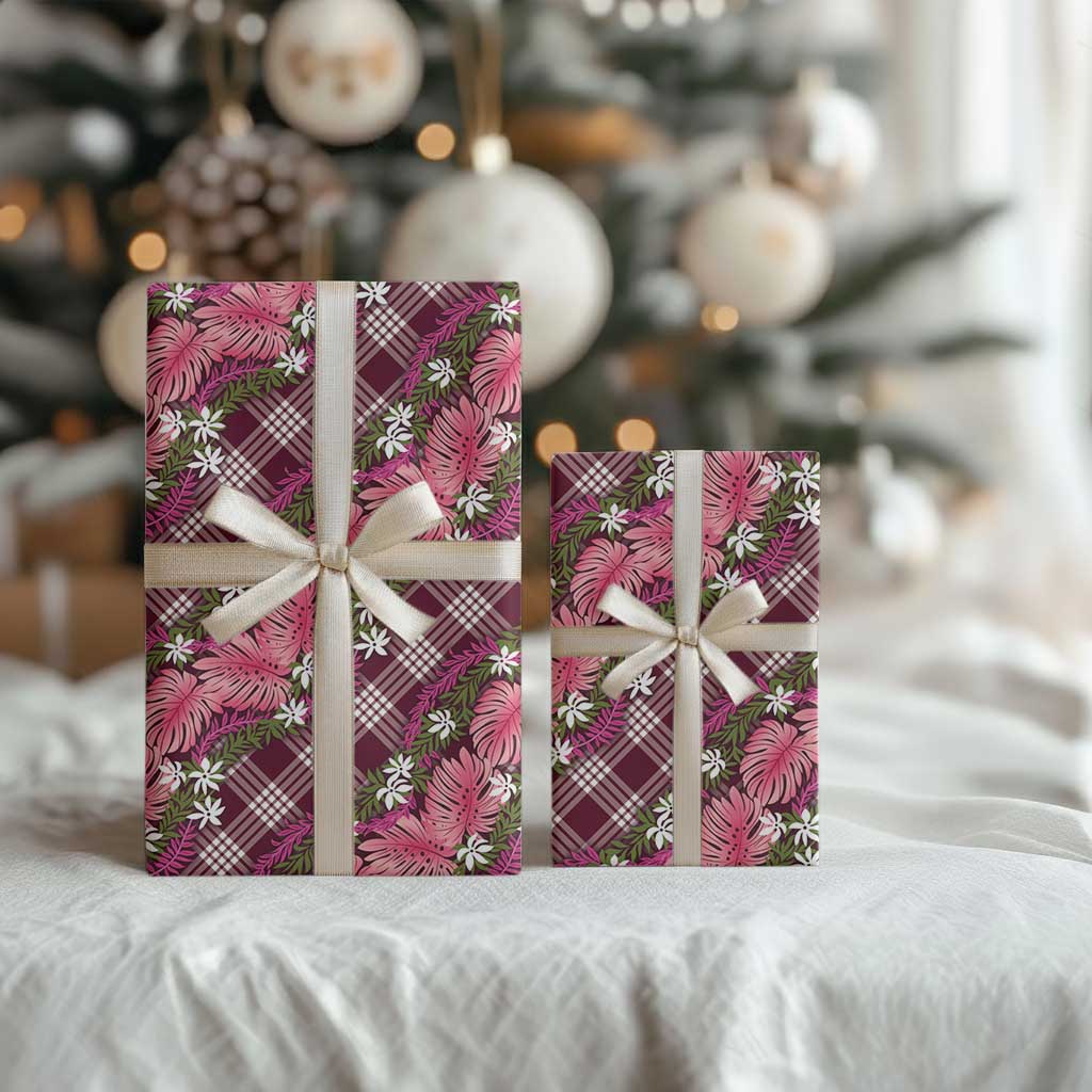 Polynesian Monstera Tiare Floral Wrapping Paper Fuchsia Tropical Plaid LT01 - Polynesian Pride