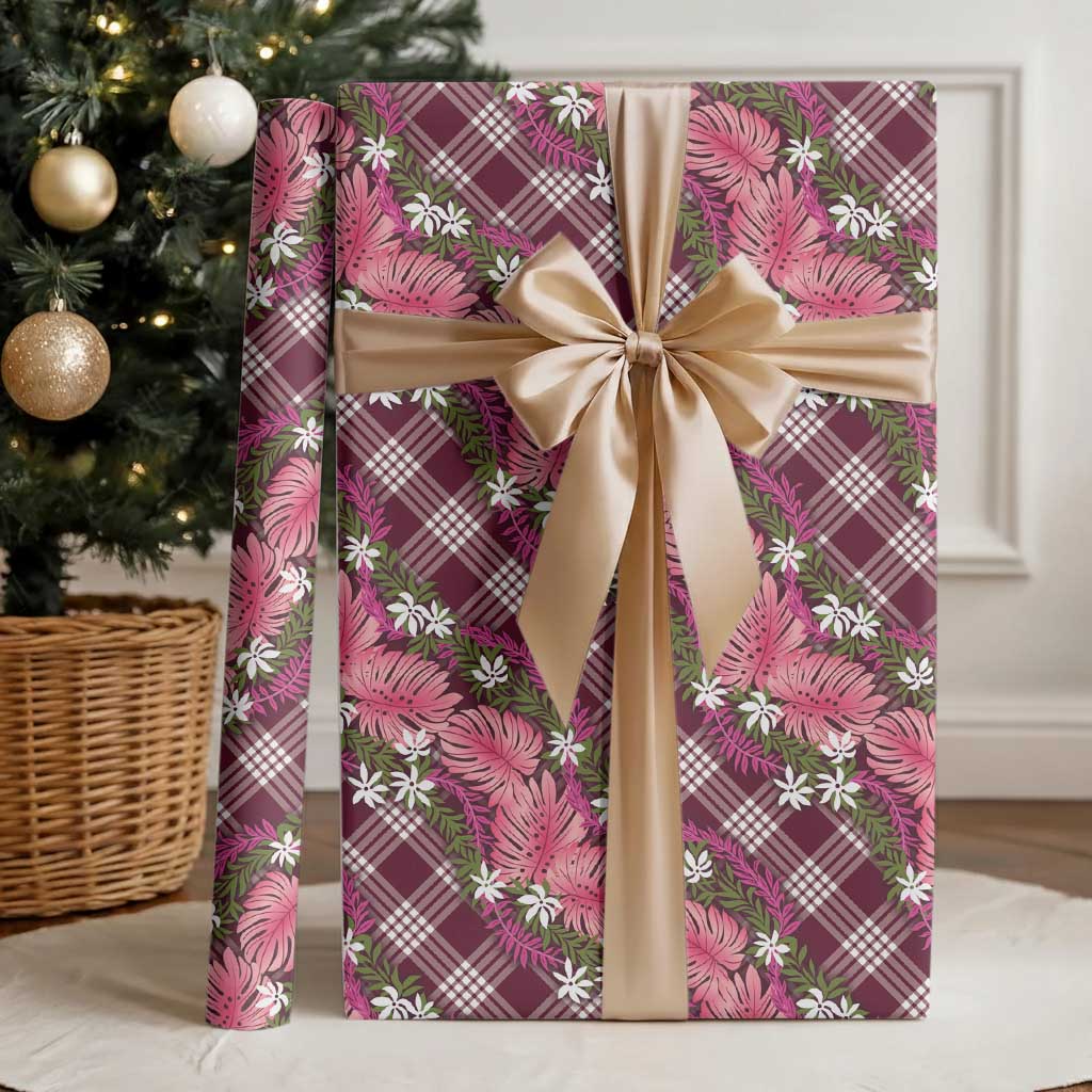 Polynesian Monstera Tiare Floral Wrapping Paper Fuchsia Tropical Plaid LT01 - Polynesian Pride
