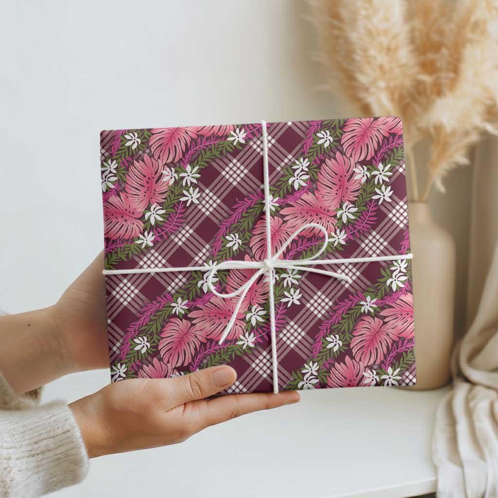 Polynesian Monstera Tiare Floral Wrapping Paper Fuchsia Tropical Plaid LT01 - Polynesian Pride