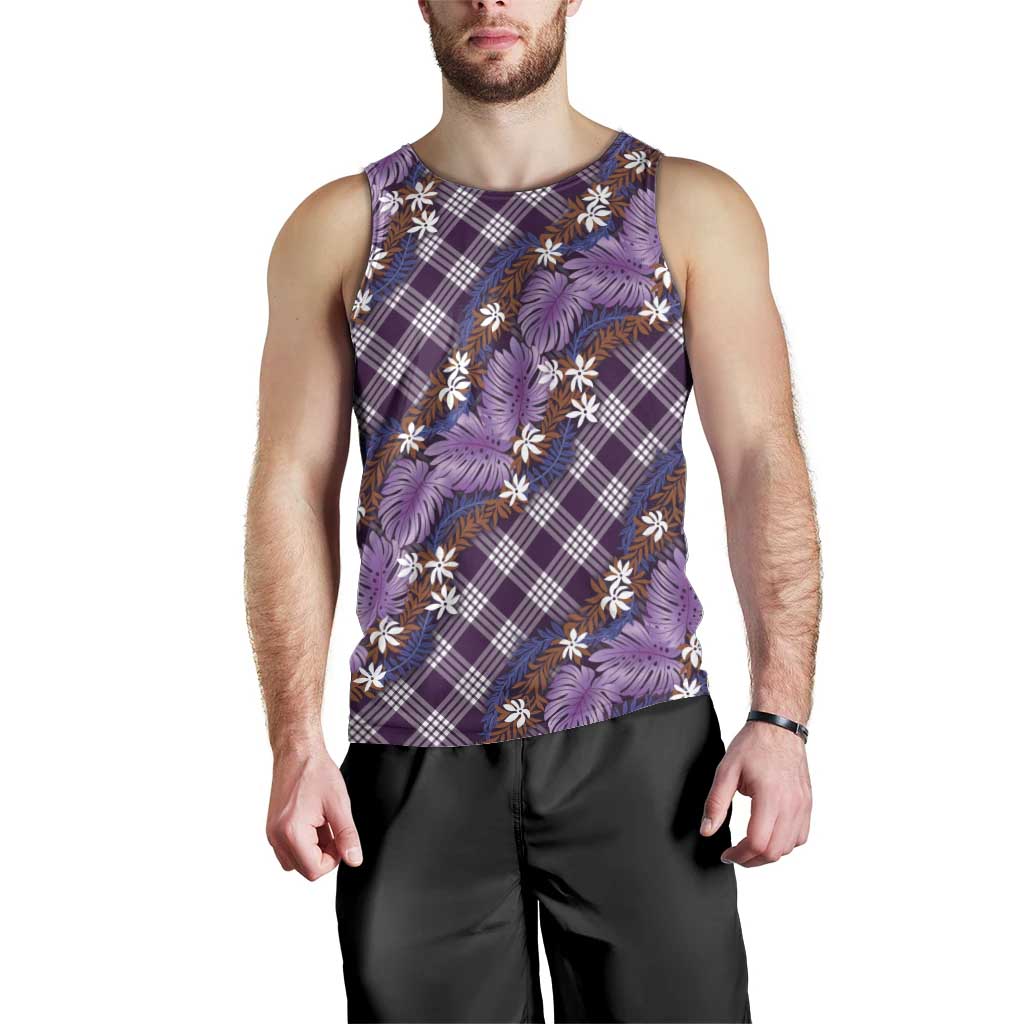 Polynesian Monstera Tiare Floral Men Tank Top Lavender Tropical Plaid LT01 - Polynesian Pride