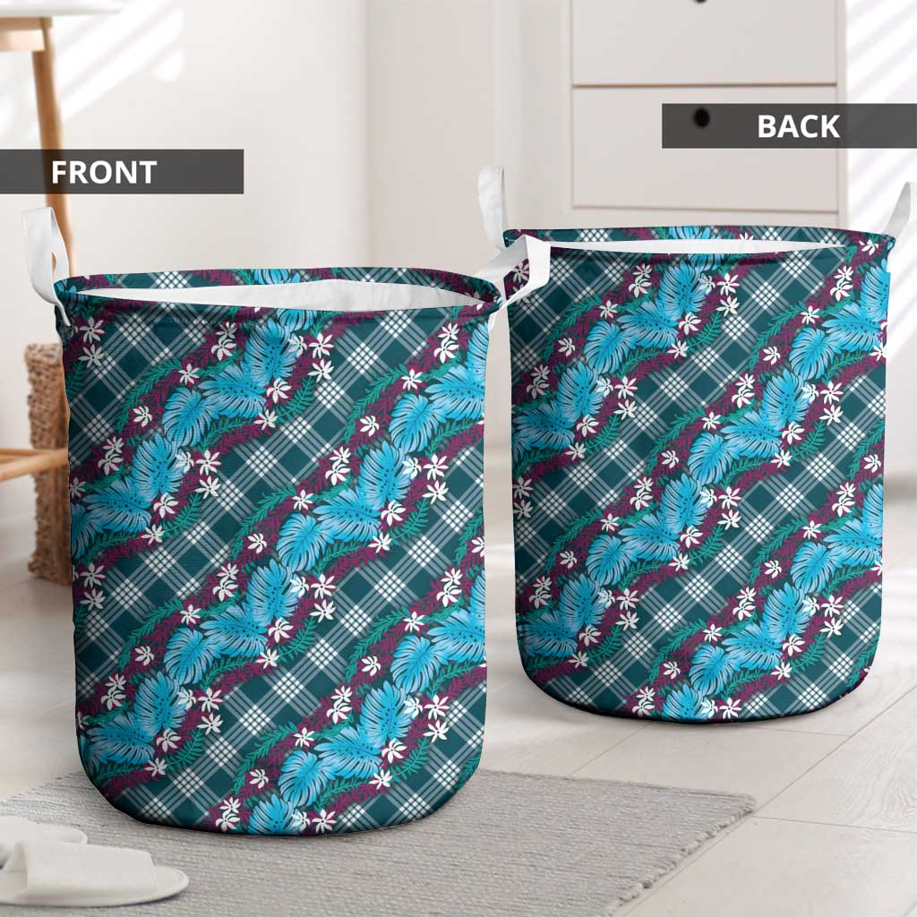 Polynesian Monstera Tiare Floral Laundry Basket Dark Teal Tropical Plaid LT01 - Polynesian Pride