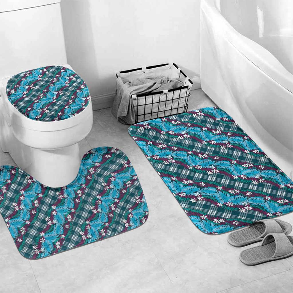 Polynesian Monstera Tiare Floral Bathroom Set Dark Teal Tropical Plaid LT01 Mat Set Only (3 pcs) One Size Teal - Polynesian Pride