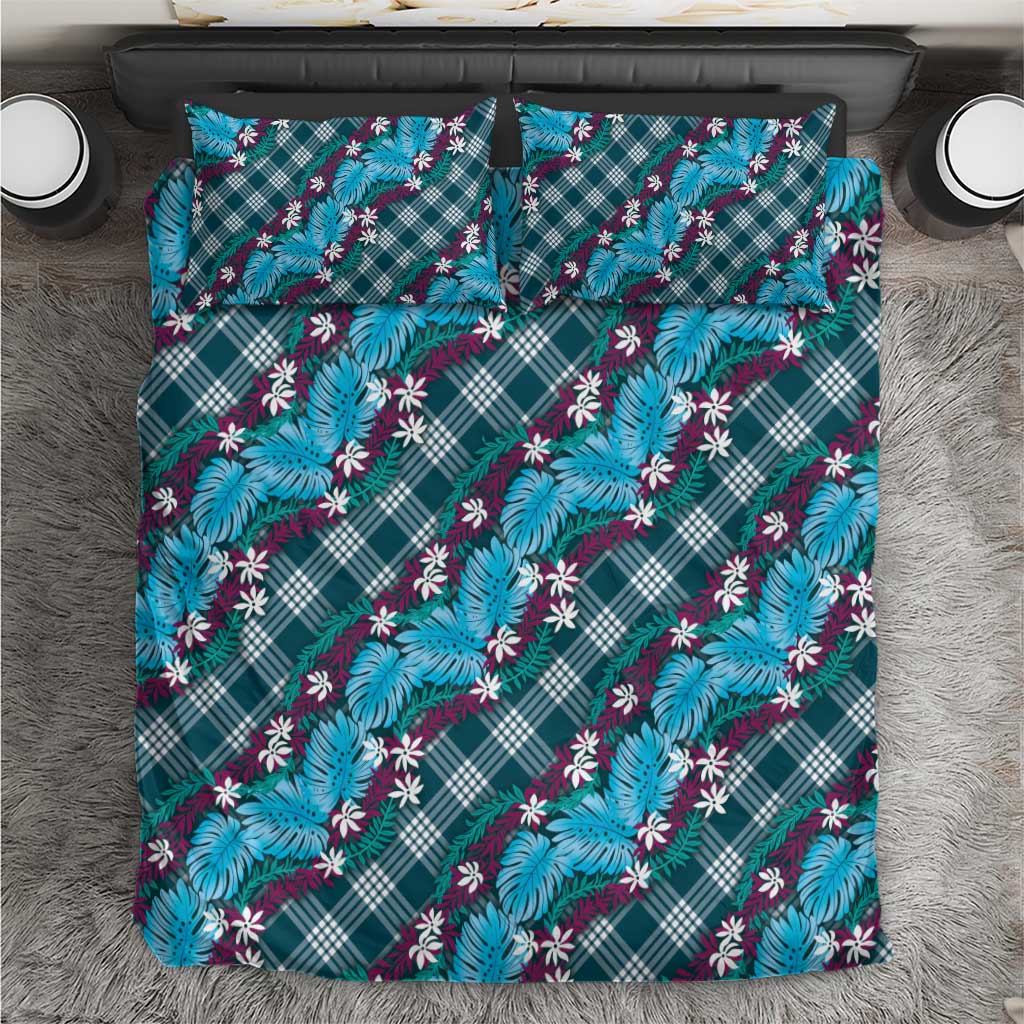 Polynesian Monstera Tiare Floral Bedding Set Dark Teal Tropical Plaid LT01 Teal - Polynesian Pride