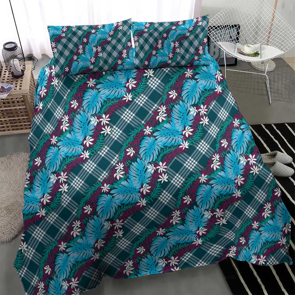 Polynesian Monstera Tiare Floral Bedding Set Dark Teal Tropical Plaid LT01 - Polynesian Pride