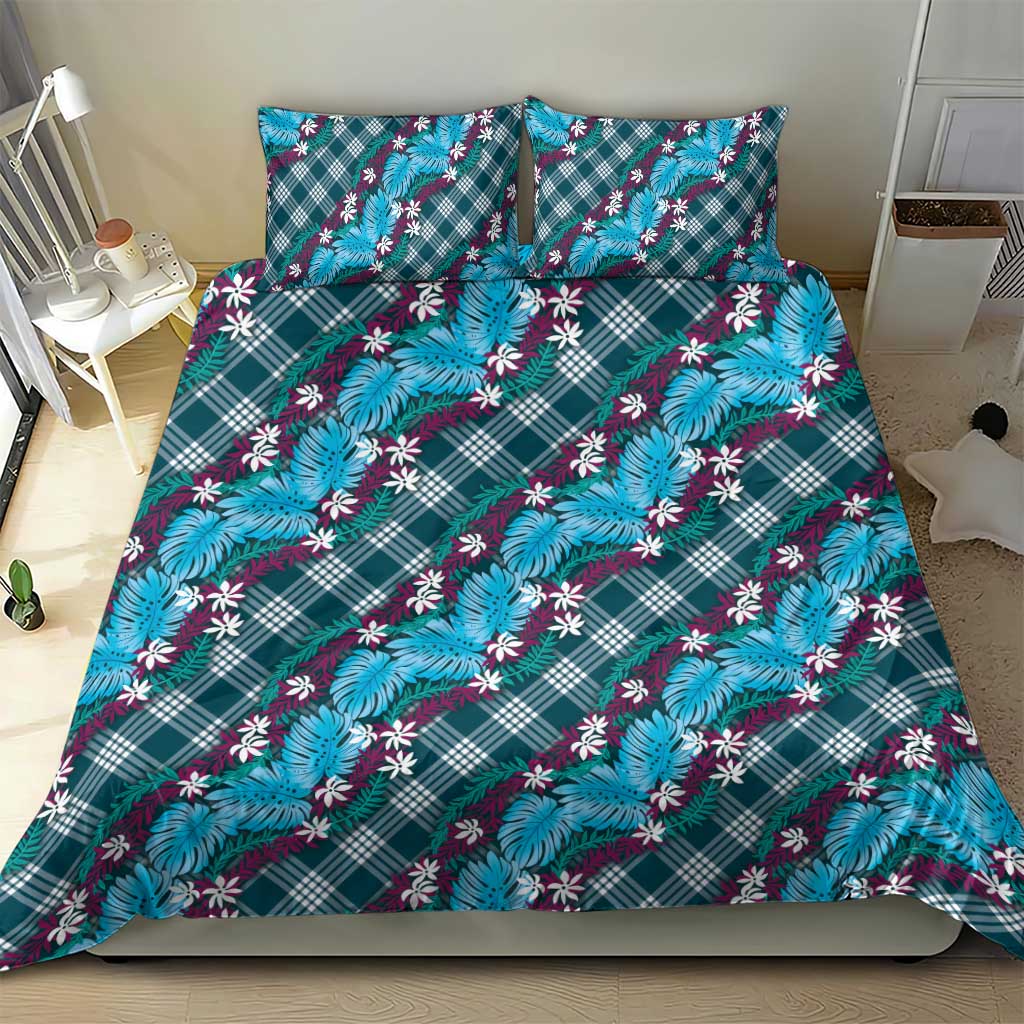 Polynesian Monstera Tiare Floral Bedding Set Dark Teal Tropical Plaid LT01 - Polynesian Pride