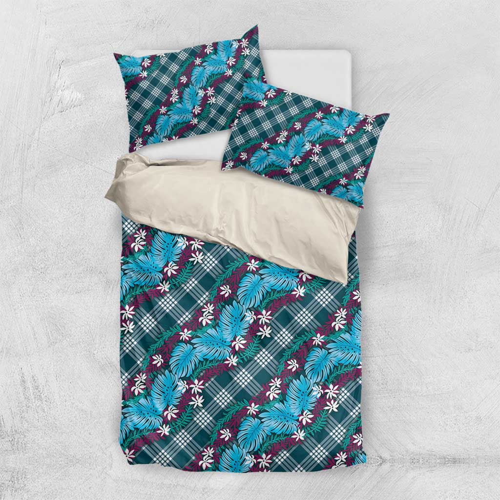 Polynesian Monstera Tiare Floral Bedding Set Dark Teal Tropical Plaid LT01 US Twin 172cm x 218cm Teal - Polynesian Pride