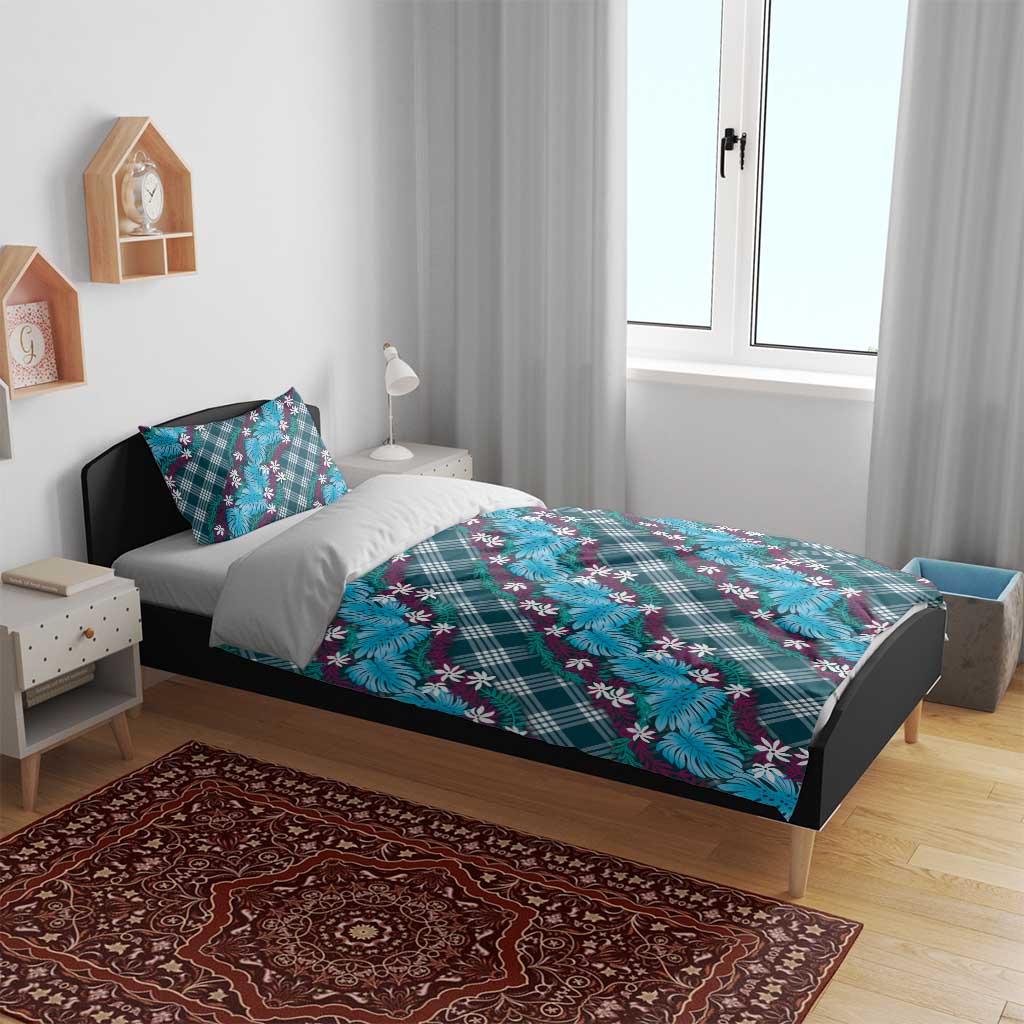 Polynesian Monstera Tiare Floral Bedding Set Dark Teal Tropical Plaid LT01 - Polynesian Pride