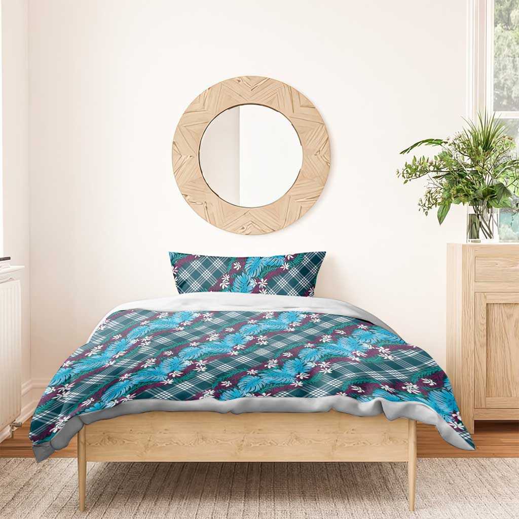 Polynesian Monstera Tiare Floral Bedding Set Dark Teal Tropical Plaid LT01 - Polynesian Pride