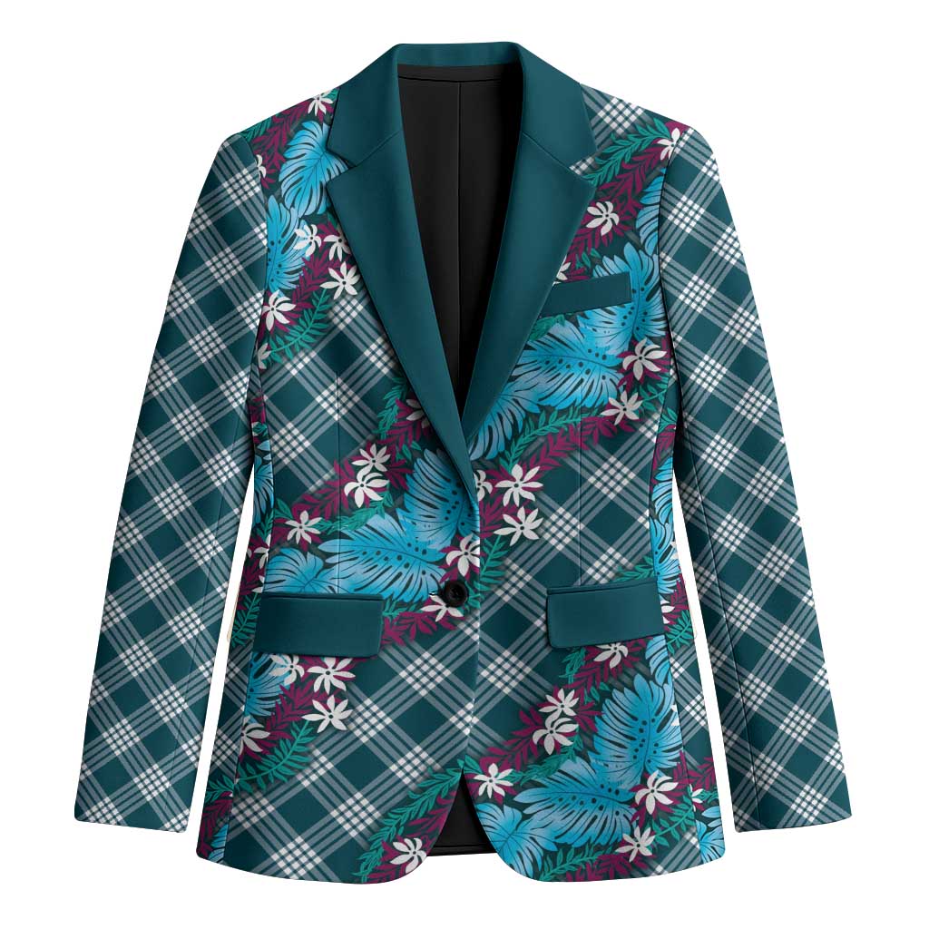 Polynesian Monstera Tiare Floral Blazer Dark Teal Tropical Plaid LT01 Unisex Teal - Polynesian Pride