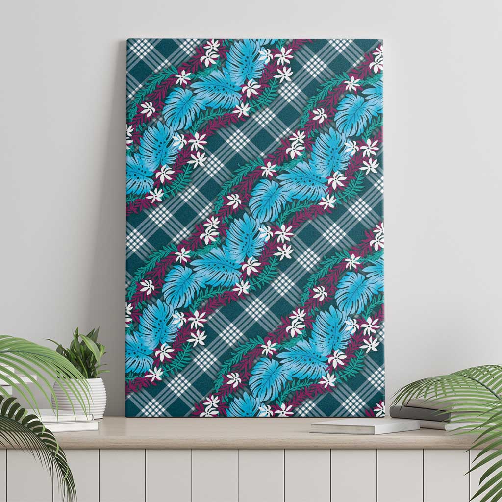 Polynesian Monstera Tiare Floral Canvas Wall Art Dark Teal Tropical Plaid LT01 - Polynesian Pride