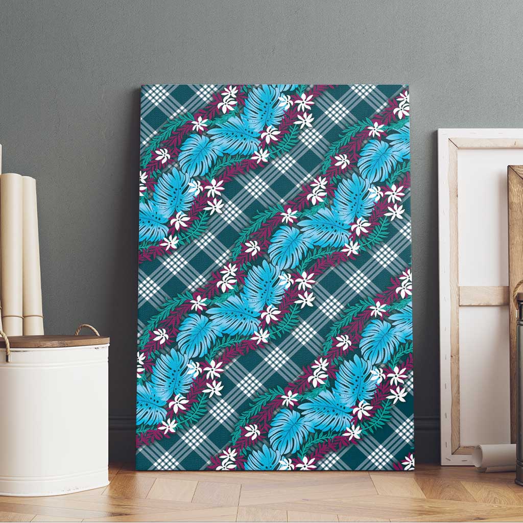 Polynesian Monstera Tiare Floral Canvas Wall Art Dark Teal Tropical Plaid LT01 - Polynesian Pride