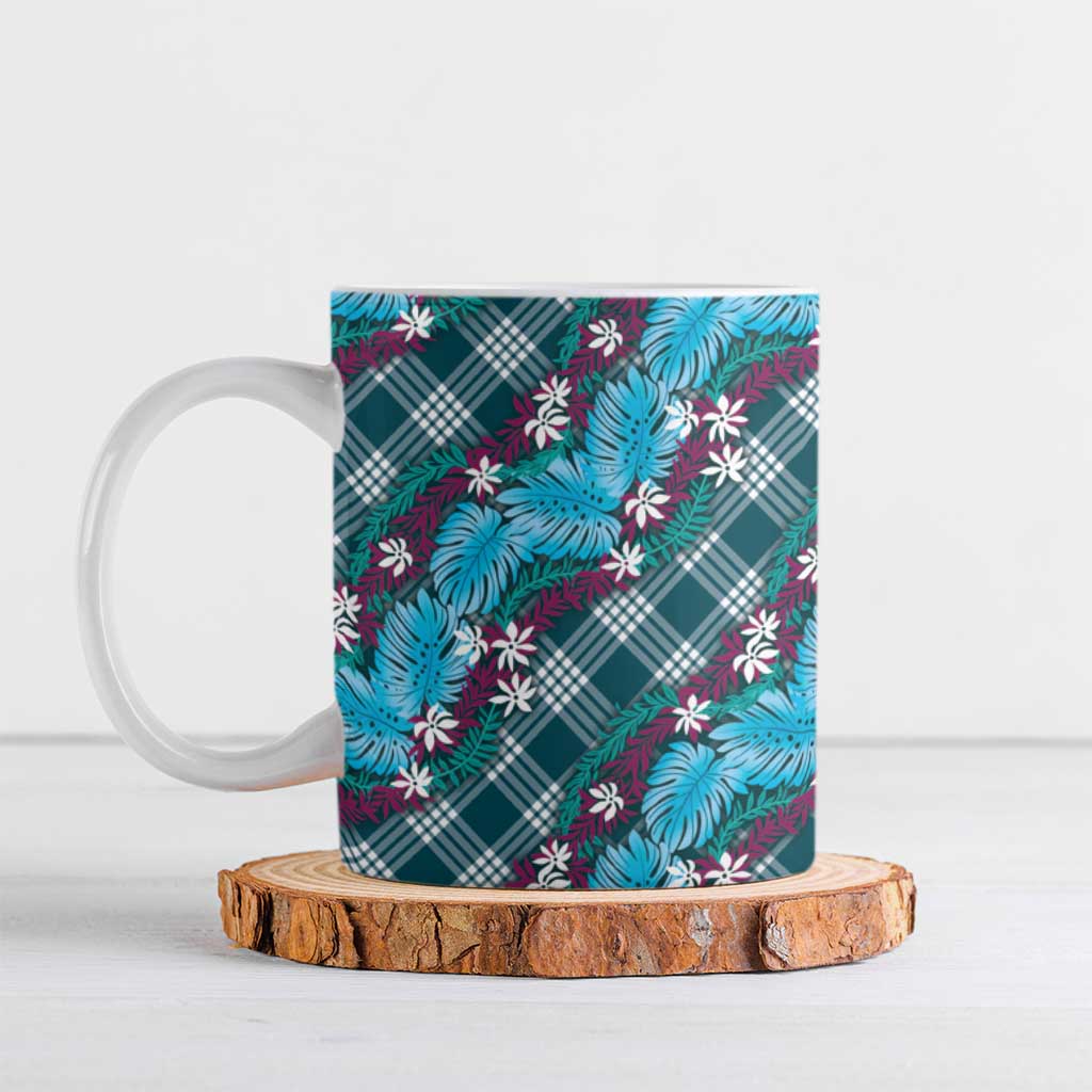 Polynesian Monstera Tiare Floral Ceramic Mug Dark Teal Tropical Plaid LT01 Teal - Polynesian Pride