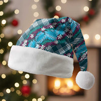 Polynesian Monstera Tiare Floral Christmas Santa Hat Dark Teal Tropical Plaid LT01 Without Fur Teal - Polynesian Pride