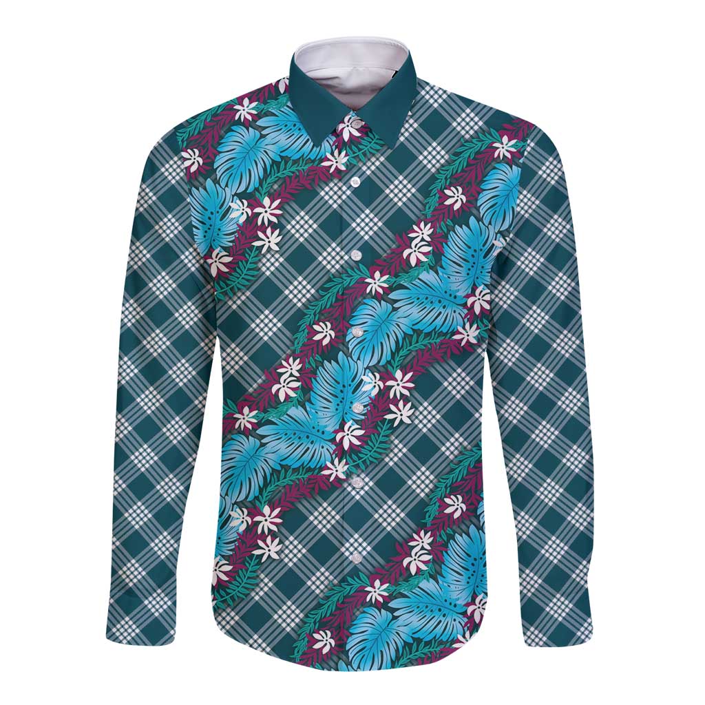 Polynesian Monstera Tiare Floral Long Sleeve Button Shirt Dark Teal Tropical Plaid LT01 Unisex Teal - Polynesian Pride