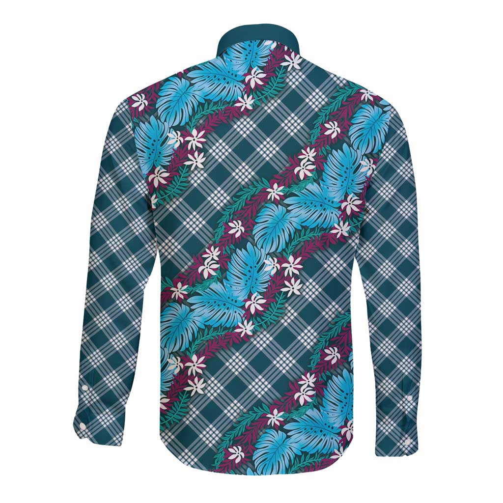 Polynesian Monstera Tiare Floral Long Sleeve Button Shirt Dark Teal Tropical Plaid LT01 - Polynesian Pride