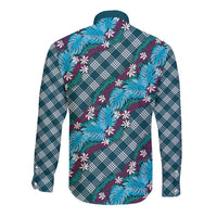 Polynesian Monstera Tiare Floral Long Sleeve Button Shirt Dark Teal Tropical Plaid LT01 - Polynesian Pride