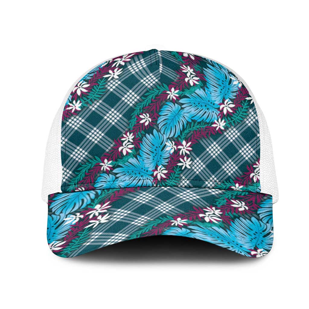 Polynesian Monstera Tiare Floral Mesh Trucker Cap Dark Teal Tropical Plaid LT01 One Size White Teal - Polynesian Pride