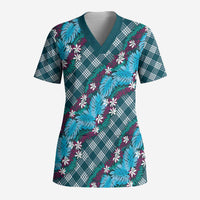 Polynesian Monstera Tiare Floral Scrub Top Dark Teal Tropical Plaid LT01 Adult Teal - Polynesian Pride