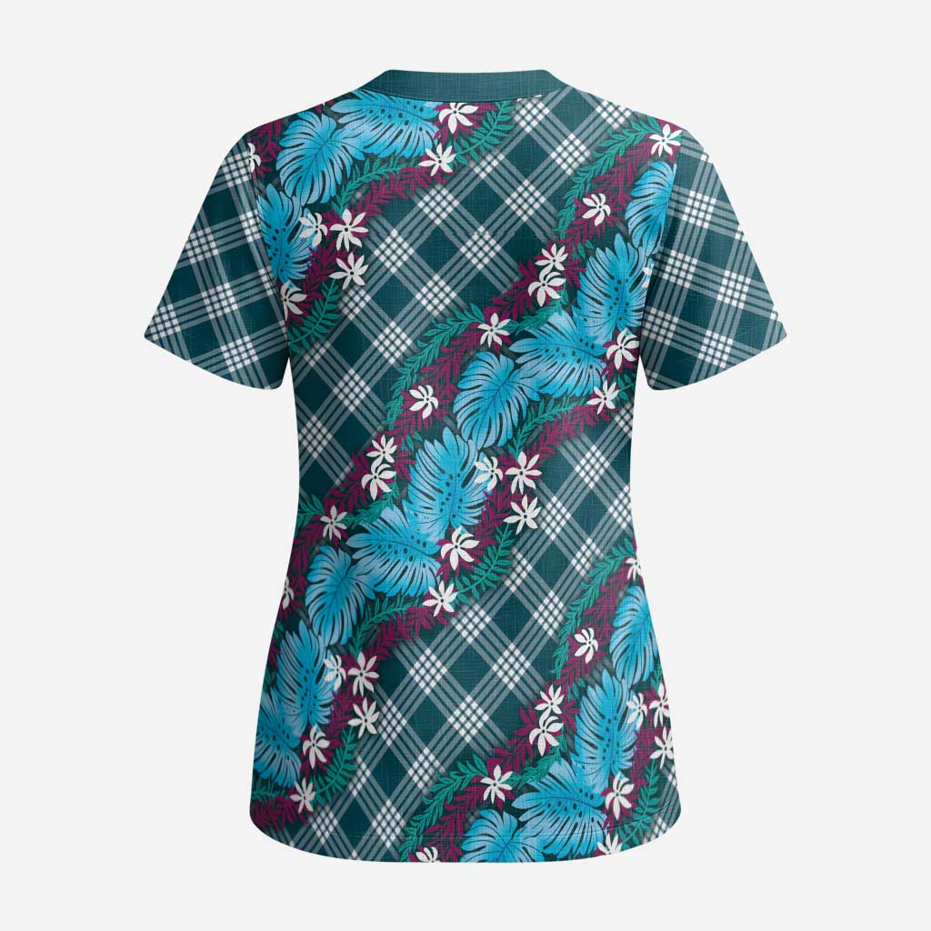 Polynesian Monstera Tiare Floral Scrub Top Dark Teal Tropical Plaid LT01 - Polynesian Pride
