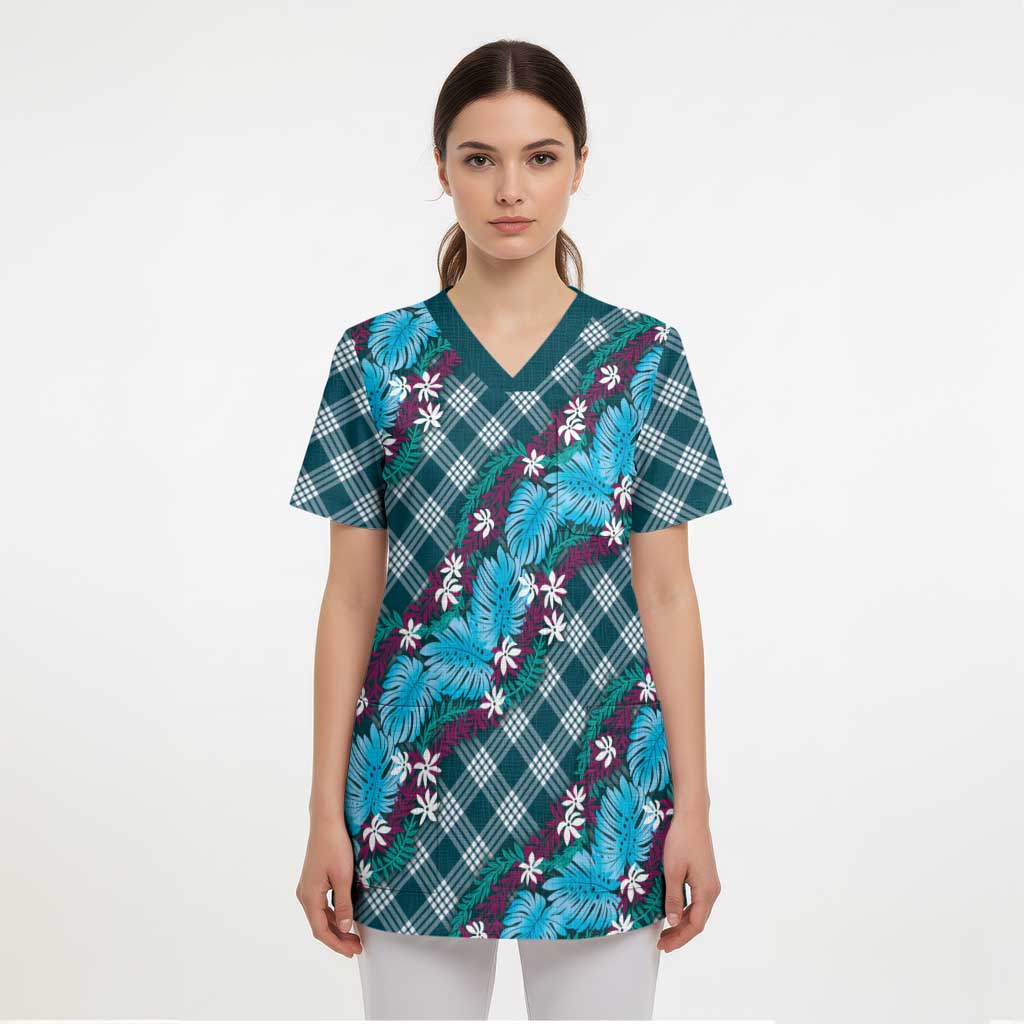 Polynesian Monstera Tiare Floral Scrub Top Dark Teal Tropical Plaid LT01 - Polynesian Pride