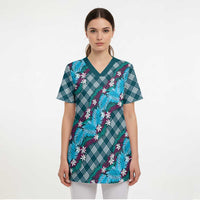 Polynesian Monstera Tiare Floral Scrub Top Dark Teal Tropical Plaid LT01 - Polynesian Pride