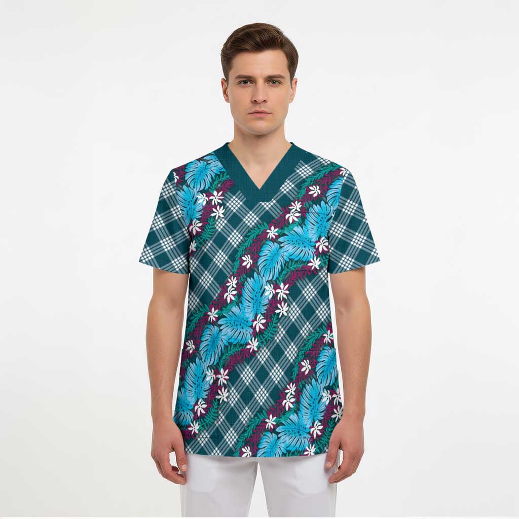Polynesian Monstera Tiare Floral Scrub Top Dark Teal Tropical Plaid LT01 - Polynesian Pride