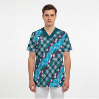 Polynesian Monstera Tiare Floral Scrub Top Dark Teal Tropical Plaid LT01 - Polynesian Pride
