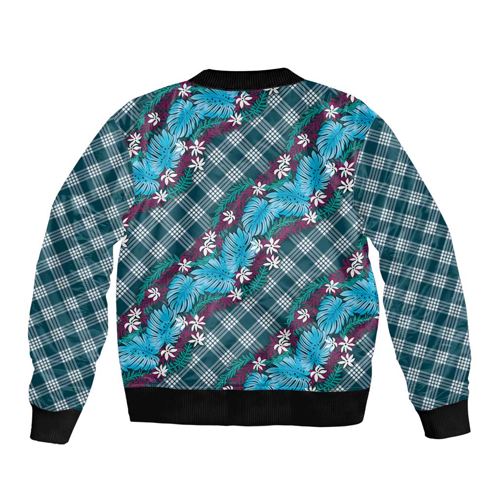 Polynesian Monstera Tiare Floral Sleeve Zip Bomber Jacket Dark Teal Tropical Plaid LT01 - Polynesian Pride