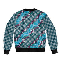 Polynesian Monstera Tiare Floral Sleeve Zip Bomber Jacket Dark Teal Tropical Plaid LT01 - Polynesian Pride