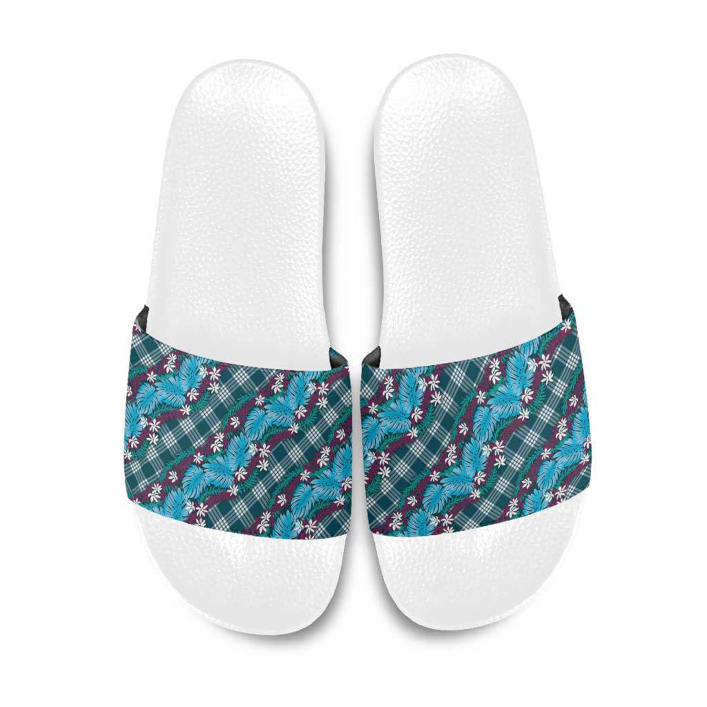 Polynesian Monstera Tiare Floral Slide Sandals Dark Teal Tropical Plaid LT01 Teal - Polynesian Pride