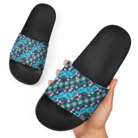 Polynesian Monstera Tiare Floral Slide Sandals Dark Teal Tropical Plaid LT01 - Polynesian Pride