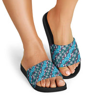 Polynesian Monstera Tiare Floral Slide Sandals Dark Teal Tropical Plaid LT01 - Polynesian Pride