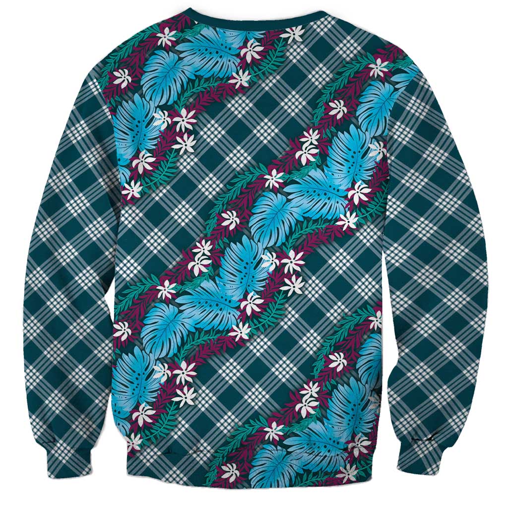 Polynesian Monstera Tiare Floral Sweatshirt Dark Teal Tropical Plaid LT01 - Polynesian Pride
