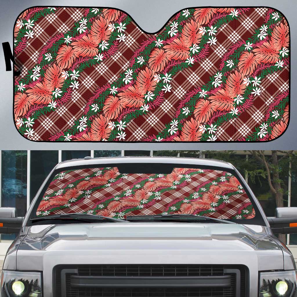 Polynesian Monstera Tiare Floral Auto Sun Shade Burgundy Tropical Plaid LT01 Red - Polynesian Pride