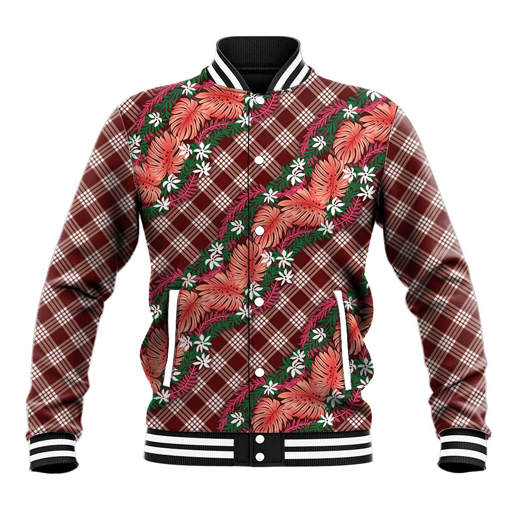 Polynesian Monstera Tiare Floral Baseball Jacket Burgundy Tropical Plaid LT01 Unisex Red - Polynesian Pride