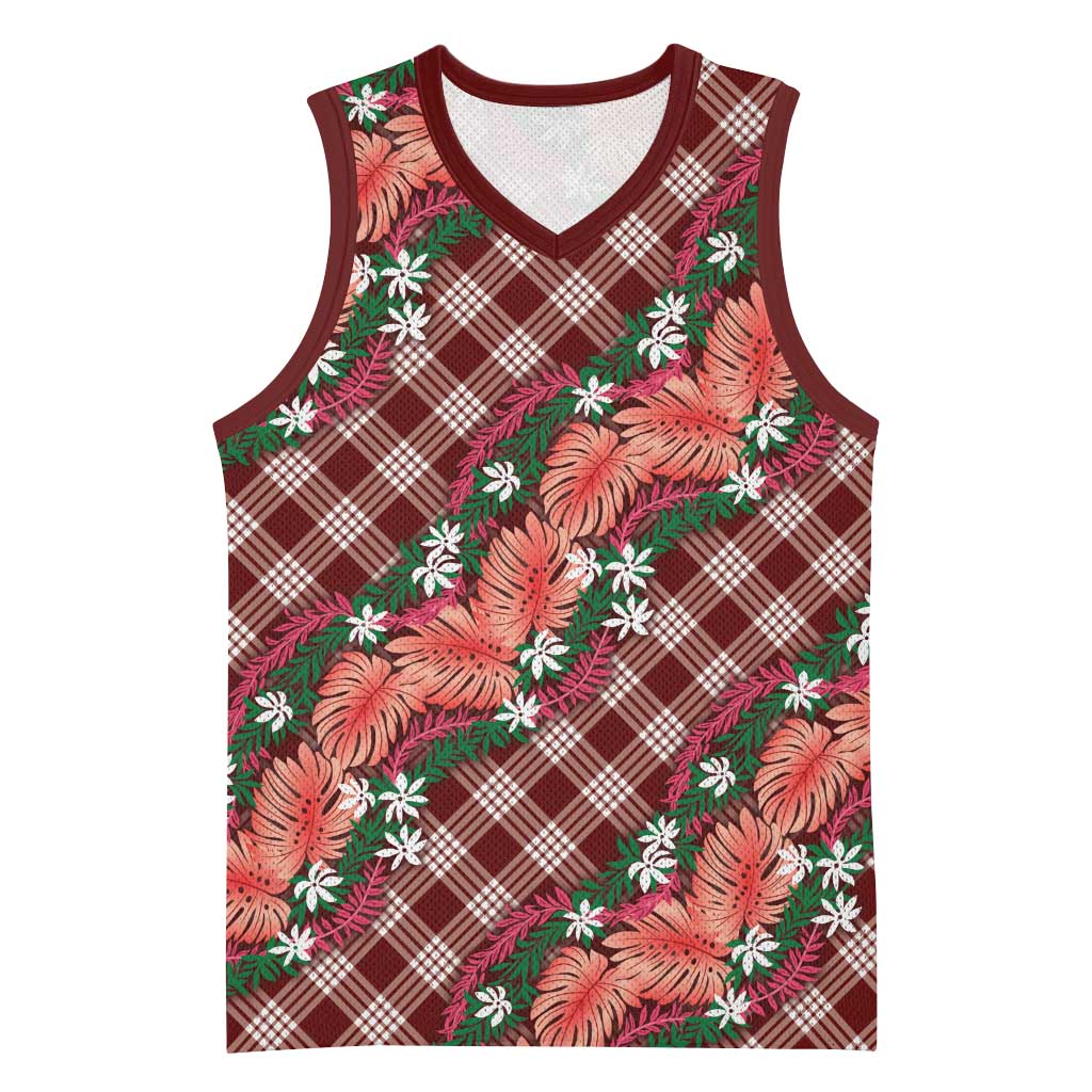 Polynesian Monstera Tiare Floral Basketball Jersey Burgundy Tropical Plaid LT01 Unisex Red - Polynesian Pride