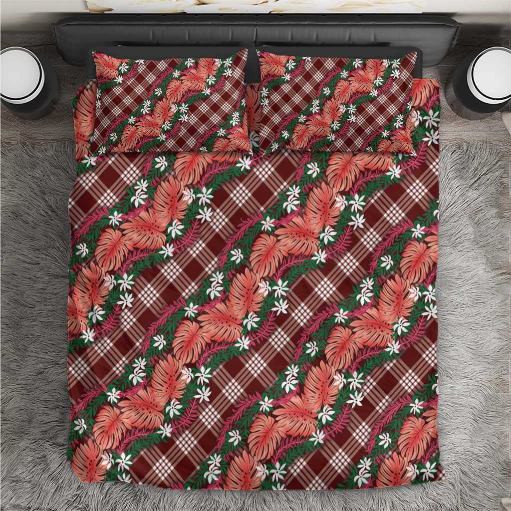 Polynesian Monstera Tiare Floral Bedding Set Burgundy Tropical Plaid LT01 Red - Polynesian Pride