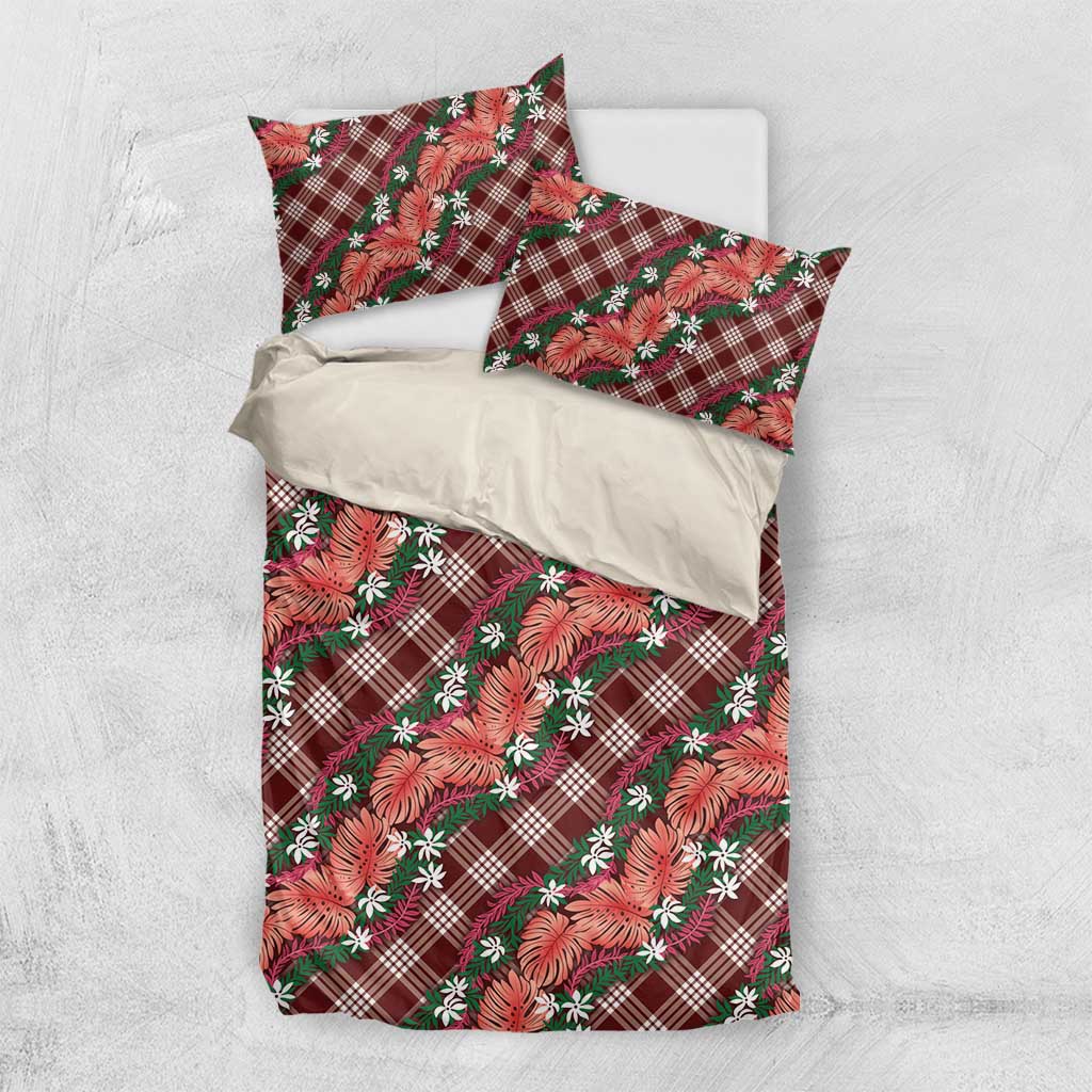 Polynesian Monstera Tiare Floral Bedding Set Burgundy Tropical Plaid LT01 US Twin 172cm x 218cm Red - Polynesian Pride