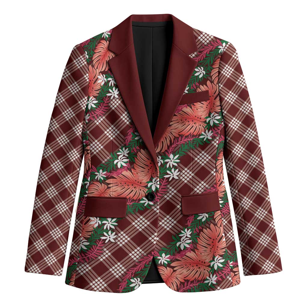 Polynesian Monstera Tiare Floral Blazer Burgundy Tropical Plaid LT01 Unisex Red - Polynesian Pride