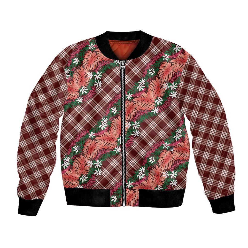 Polynesian Monstera Tiare Floral Bomber Jacket Burgundy Tropical Plaid LT01 Unisex Red - Polynesian Pride