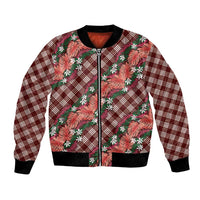 Polynesian Monstera Tiare Floral Bomber Jacket Burgundy Tropical Plaid LT01 Unisex Red - Polynesian Pride