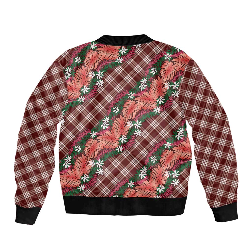 Polynesian Monstera Tiare Floral Bomber Jacket Burgundy Tropical Plaid LT01 - Polynesian Pride