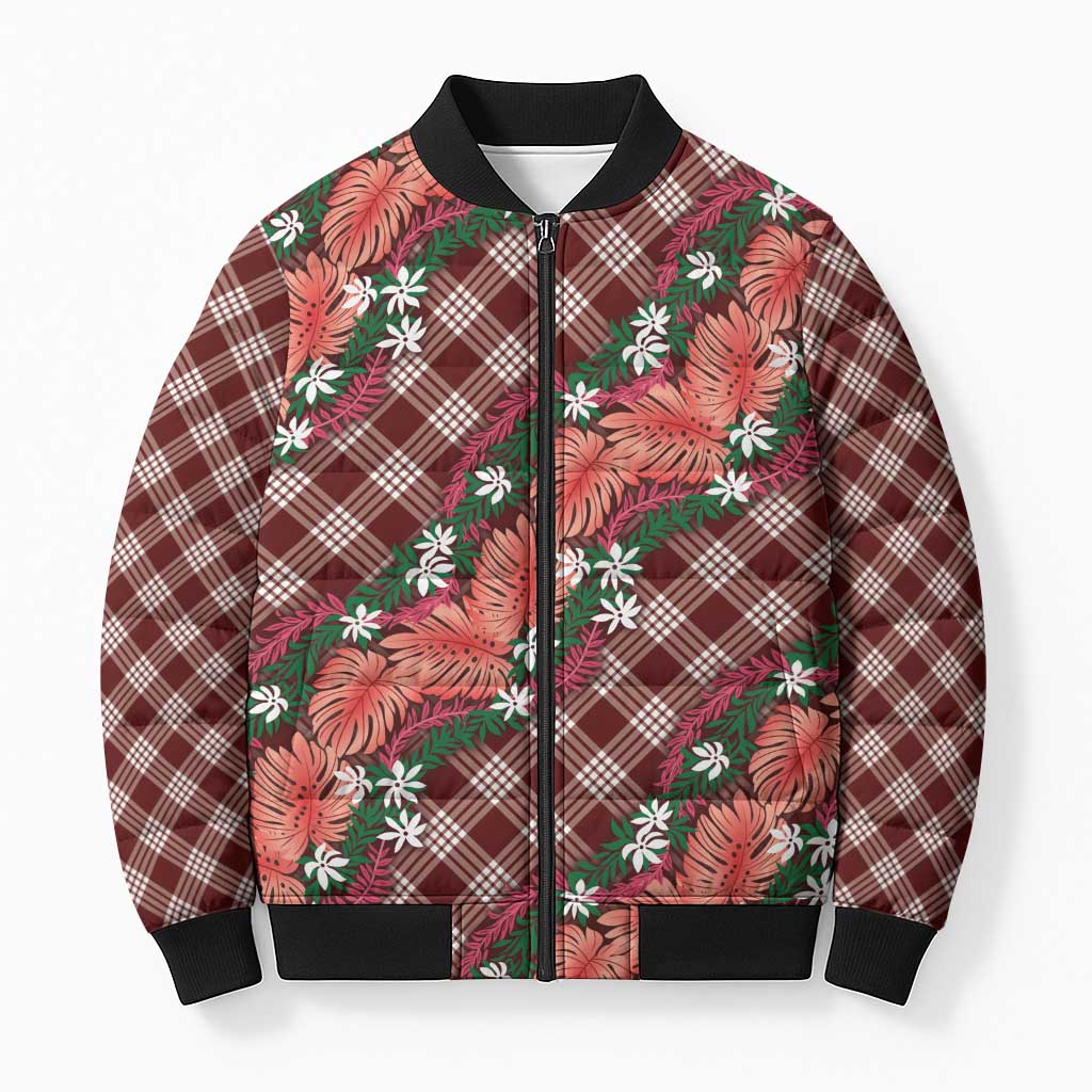 Polynesian Monstera Tiare Floral Bomber Puffer Jacket Burgundy Tropical Plaid LT01 Unisex Red - Polynesian Pride