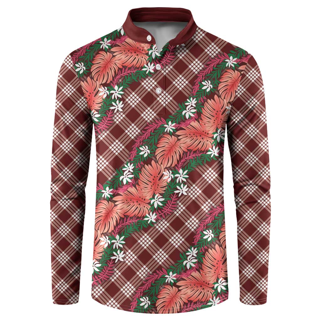 Polynesian Monstera Tiare Floral Button Sweatshirt Burgundy Tropical Plaid LT01 Red - Polynesian Pride