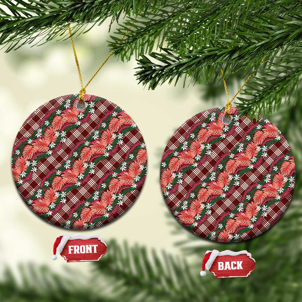 Polynesian Monstera Tiare Floral Ceramic Ornament Burgundy Tropical Plaid LT01 Circle Red - Polynesian Pride