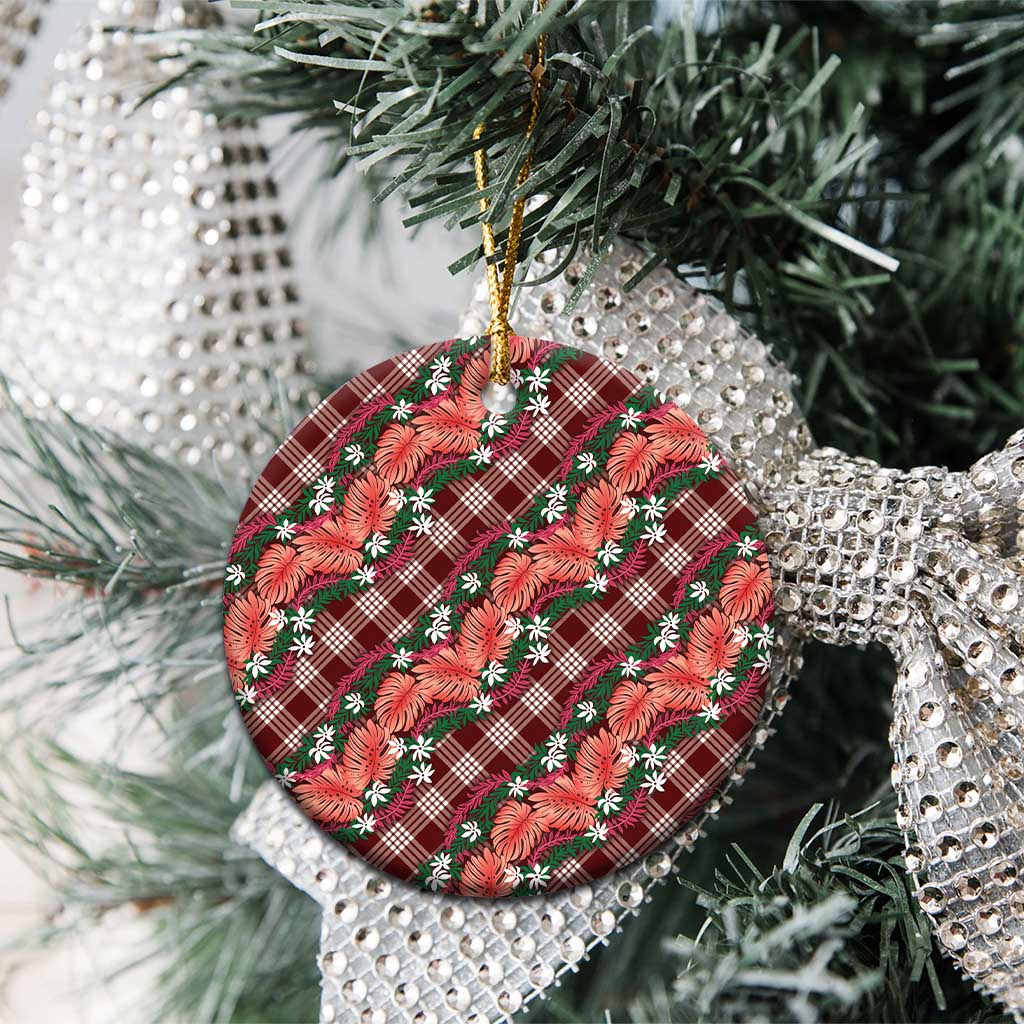 Polynesian Monstera Tiare Floral Ceramic Ornament Burgundy Tropical Plaid LT01 - Polynesian Pride