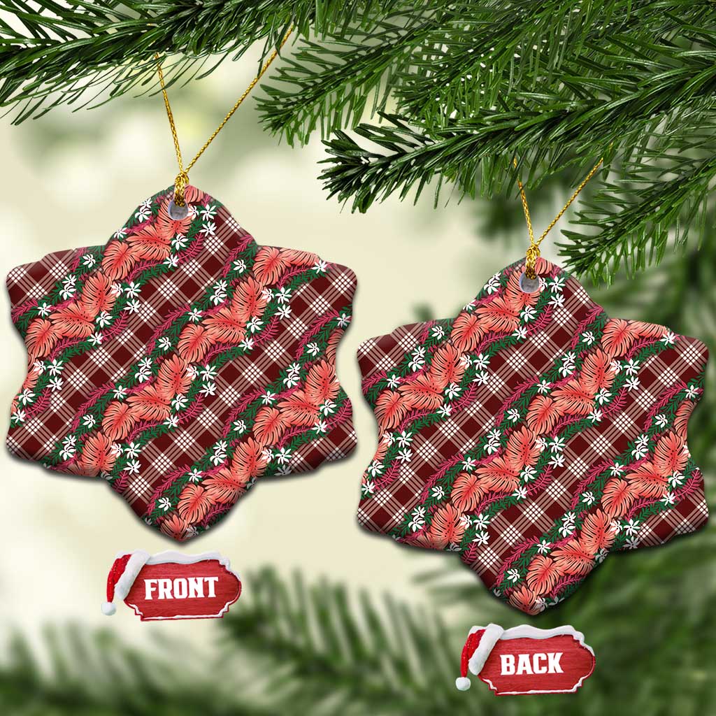 Polynesian Monstera Tiare Floral Ceramic Ornament Burgundy Tropical Plaid LT01 Snow Flake Red - Polynesian Pride