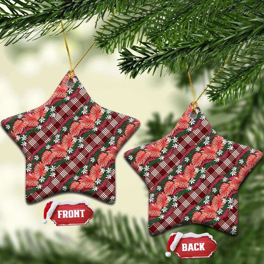 Polynesian Monstera Tiare Floral Ceramic Ornament Burgundy Tropical Plaid LT01 Star Red - Polynesian Pride