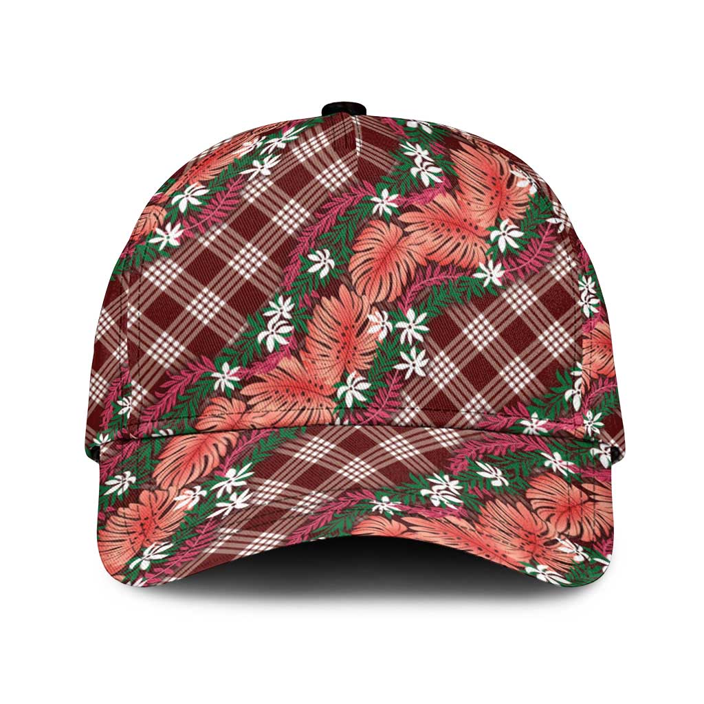 Polynesian Monstera Tiare Floral Classic Cap Burgundy Tropical Plaid LT01 Universal Fit Red - Polynesian Pride